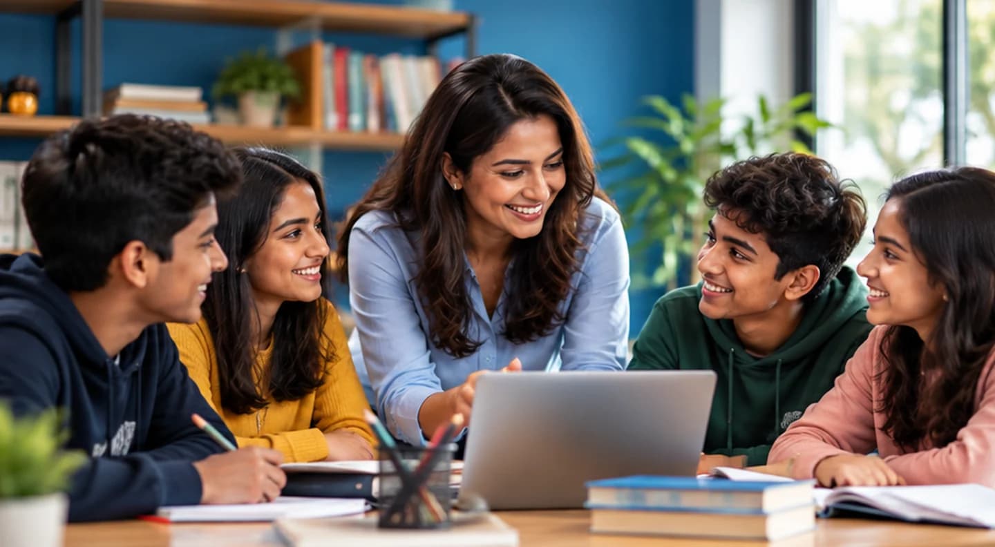 Illustration of a tutor guiding a small group of students during a collaborative lesson around a laptop