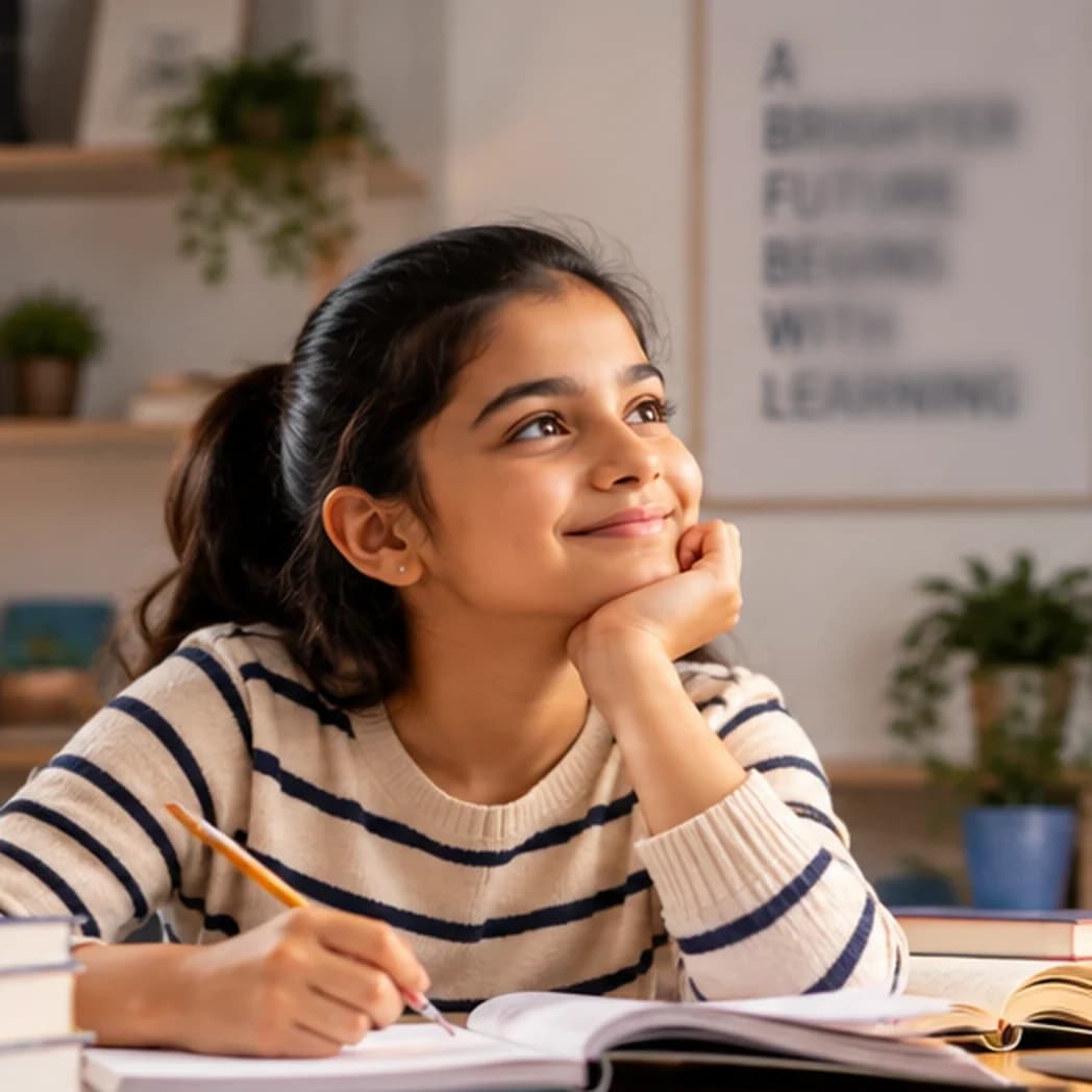 Illustration of a student reflecting while studying with books and a notebook